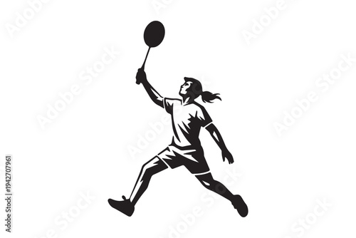 A dynamic black silhouette of a female badminton player jumping high to hit a shuttlecock