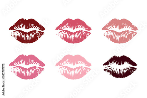 Set of Red and Pink Lipstick Kiss Marks Isolated on White Background. Collection of Lip Print Kiss Marks in Different Shades of Red and Pink. 