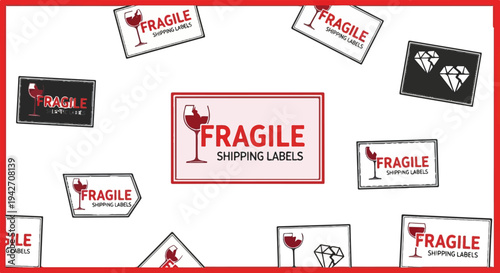 Fragile shipping labels with wine glass and diamond icons