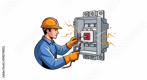 Electrician testing electrical panel with voltage tester, sparks fly
