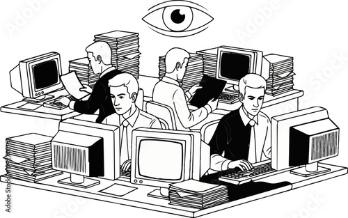 Men in suits working at desks with computers and stacks of paper under surveillance