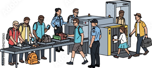 Passengers and security officers at an airport scanner and checkpoint