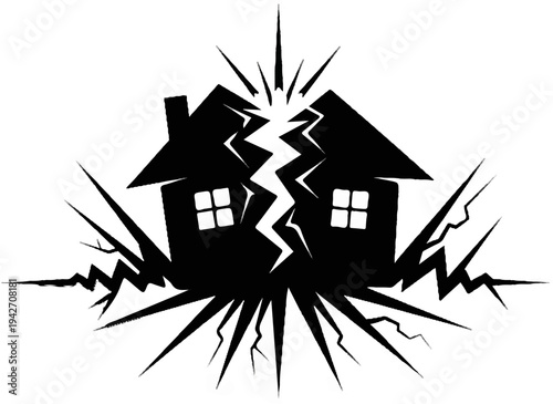 Silhouette of a house splitting apart amidst radiating cracks and lines
