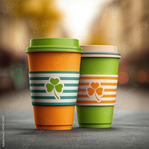 Takeaway coffee cups with shamrock design in green and orange colors. Festive drink cups for street cafe or coffee shop, themed for St Patrick’s Day celebration