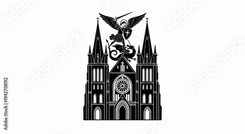 Gothic cathedral facade with angel battling dragon above central spire