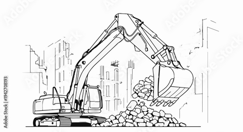Excavator digging and dumping rubble in a city environment
