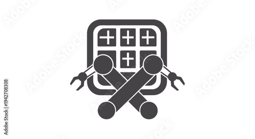 Robotic arms assembling a waffle grid icon.