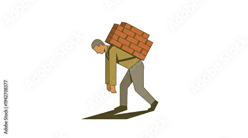 Heavy burden concept: tired person carrying brick backpack, fatigue exhaustion low energy limit acceptance real human pace
