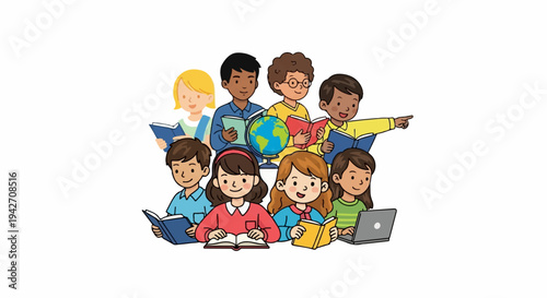 Diverse children engaged in reading, learning, and exploration with books and a globe