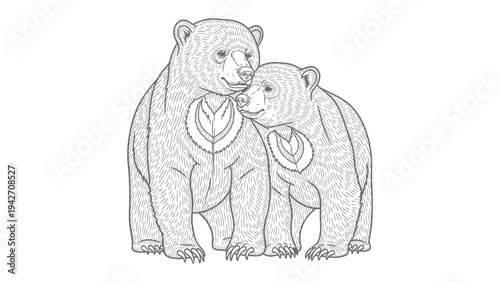 Gentle Bears Embrace: Two bears share a tender moment, their forms intricately designed with patterns, symbolizing familial bonds and mutual affection.