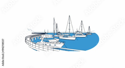 Hand-drawn sketch of a marina with several yachts and sailboats docked
