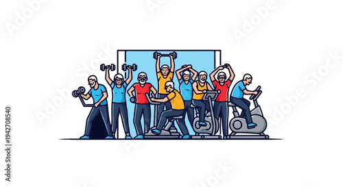 Diverse elderly people exercising and lifting weights in a gym