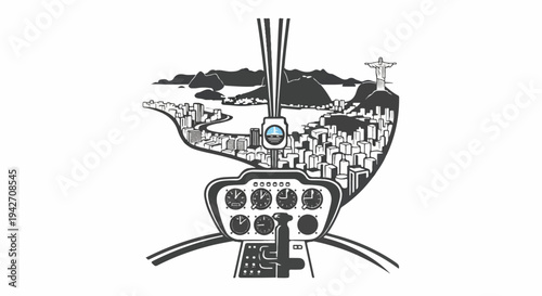 Helicopter cockpit view of a city with mountains and a famous statue