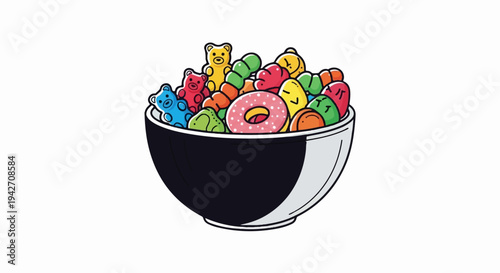 A bowl overflowing with colorful gummy candies, including bears, worms, and a donut