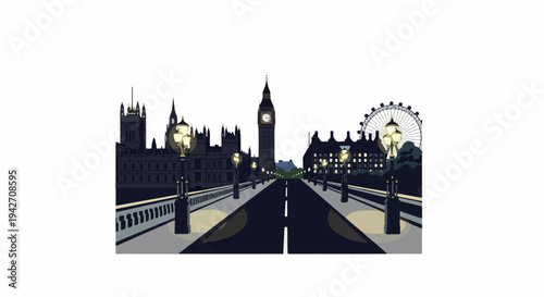 Iconic city skyline with clock tower, bridge, and Ferris wheel at dusk