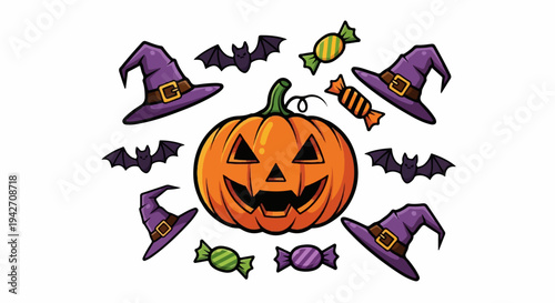 A cheerful jack-o'-lantern is surrounded by witch hats, bats, and candies
