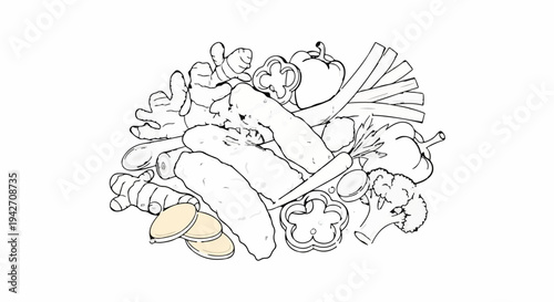 Pile of assorted raw ingredients, including ginger, leeks, peppers, broccoli, and garlic