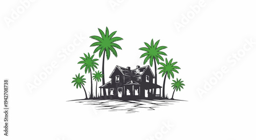Dark silhouette of a house surrounded by lush green palm trees