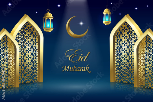 Eid Mubarak 3d ornament background design | Traditional Islamic background with glitters | Elegant abstract background design | Celebration card demo on blue background
