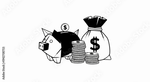 Piggy bank, money bag, and coin stacks symbolize wealth and savings