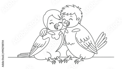A Pair of Lovebirds Embracing: A charming line art illustration of two lovebirds, resembling a happy couple, are embracing affectionately, their eyes closed in delight.