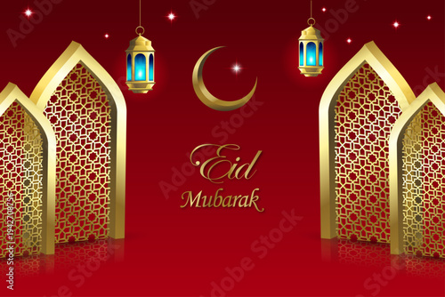 Eid Mubarak 3d ornament background design | Traditional Islamic background with glitters | Elegant abstract background design | Celebration card demo on red background