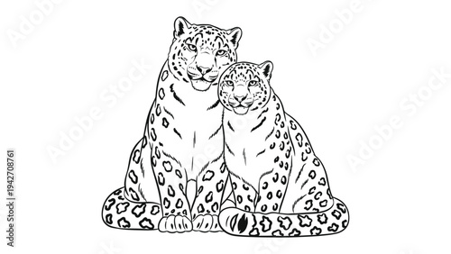 Majestic Leopard Family: Two elegant leopards, captured in an artistic monochrome illustration, sit closely together, exuding a sense of familial bond and watchful calm.