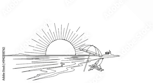 Minimalist line art of a beach scene with a sun, umbrella, chair, and distant architecture