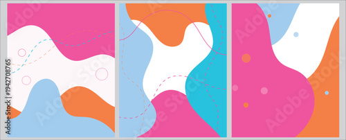 Modern Abstract Liquid Background Set, Organic Fluid Shapes with Dotted Lines, Vibrant Pink and Blue Wavy Patterns, Minimalist Pastel Vector Layouts for Social Media Stories and Branding 