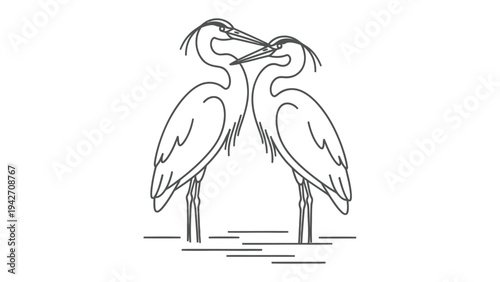 Crane Couple's Embrace: Two graceful cranes stand close, their necks intertwined in a tender embrace, embodying love and connection. Their elegant forms stand out with simplicity and poise.