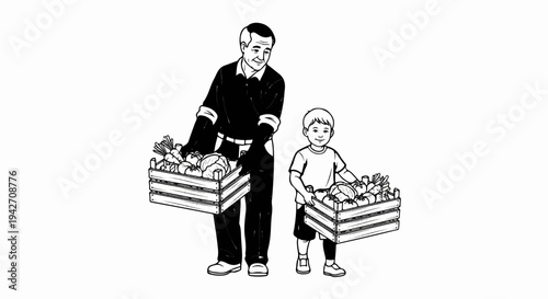 Man and boy carry crates overflowing with fresh, healthy vegetables