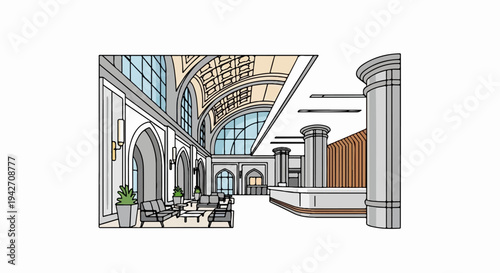 Grand, open interior with arched windows, pillars, and modern seating