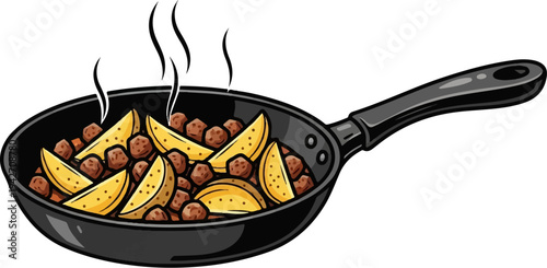 Hot, steaming skillet filled with meatballs and potato wedges