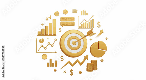 Golden finance icons charts, target, coins, and growth arrows