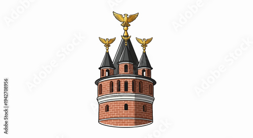 Ornate brick tower topped with gold eagles, a symbol of power and dominion