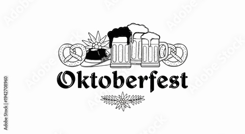 Festive Oktoberfest illustration with beer mugs, pretzels, and hat