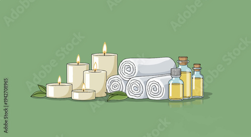Lit candles, rolled towels, and oil bottles arranged on a soft green background