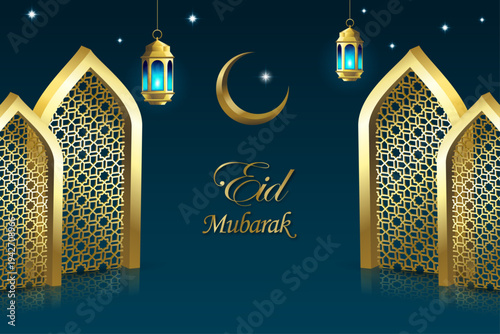Eid Mubarak 3d ornament background design | Traditional Islamic background with glitters | Elegant abstract background design | Celebration card demo on gradient background
