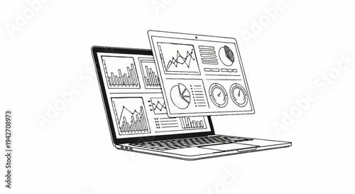 Hand-drawn sketch of an open laptop displaying various data charts and graphs