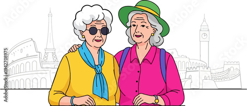 Elderly tourists pose with famous landmarks in the background