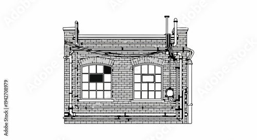 Ornate brick building facade with grimy windows and external piping