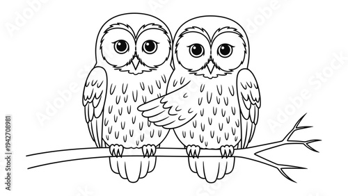 Two Cute Owls Perched on a Branch: A charming illustration of two adorable owls sitting closely together on a tree branch, their big eyes full of curiosity.