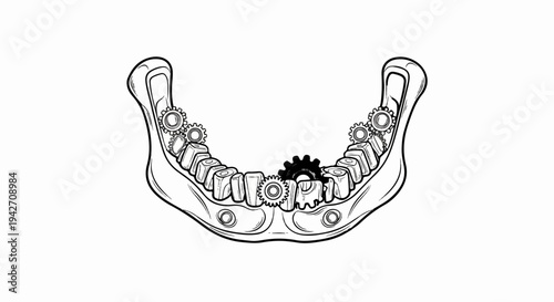 Mechanical jaw with gears replaces teeth, suggesting dental mechanics