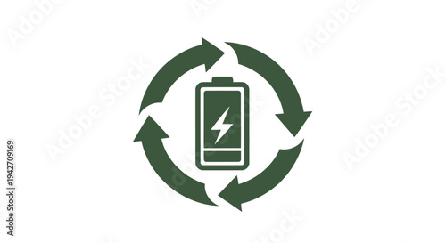 Recycling symbol with battery icon inside for energy conservation.