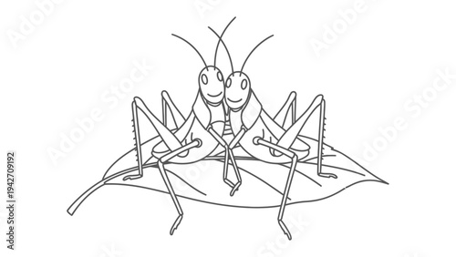 Loyal Grasshoppers on a Leaf: Two grasshoppers in love are depicted, perched lovingly on a leaf, embracing each other to show eternal love. 