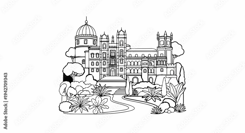 Naklejka premium Ornate palace with domed roofs and towers, surrounded by lush gardens and trees