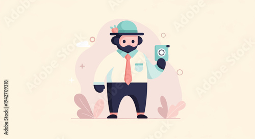 Minimalist man in hat with camera, surrounded by abstract shapes and leaves