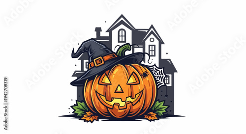 Jack-o'-lantern wearing a witch hat in front of a haunted house