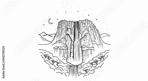 Majestic waterfall cascades down rocky mountain under crescent moon and stars