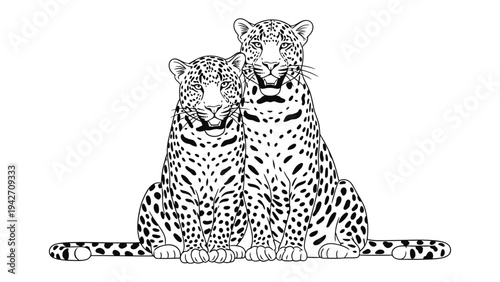 Leopards in Tandem: Two majestic leopards, adorned with distinctive rosettes, sit side-by-side, their intense gazes embodying a sense of unity and wildlife elegance. 